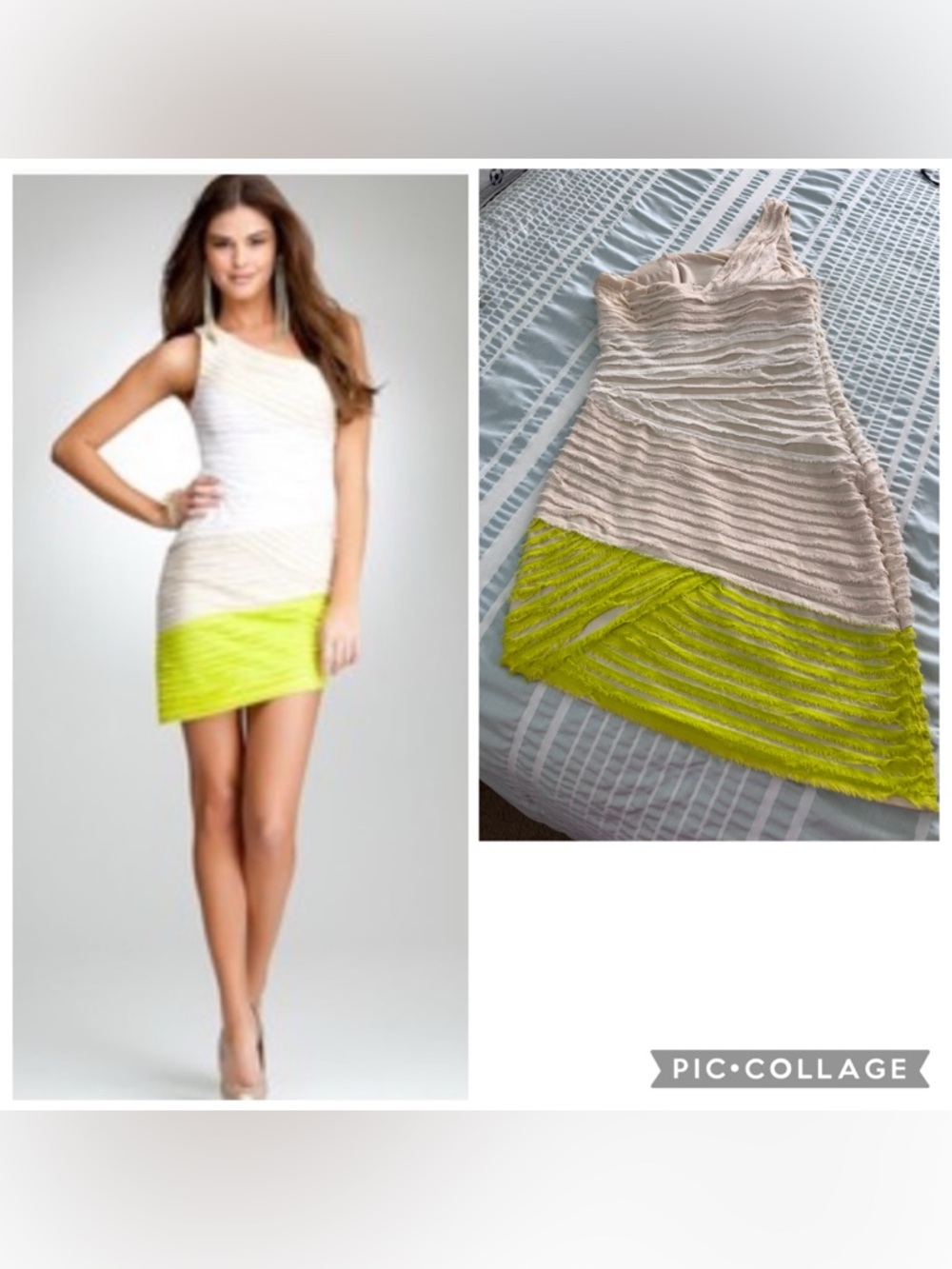 bebe One-Shoulder White and Neon Yellow Mini Dress size S